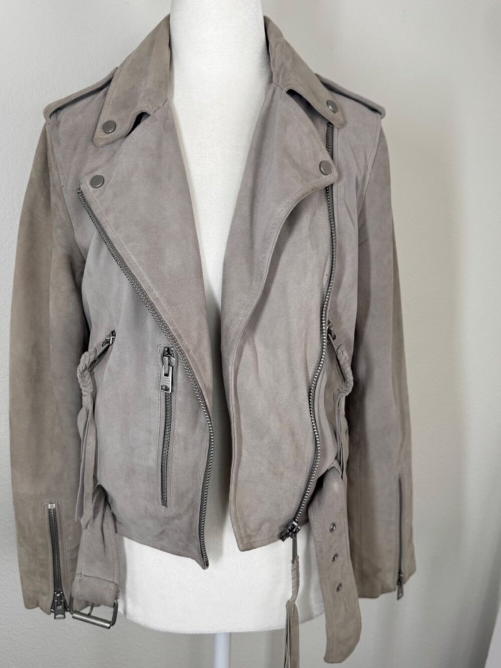 All Saints Womens Biker Jacket Balfern Goat Leather Suede Sz 4 Taupe *read